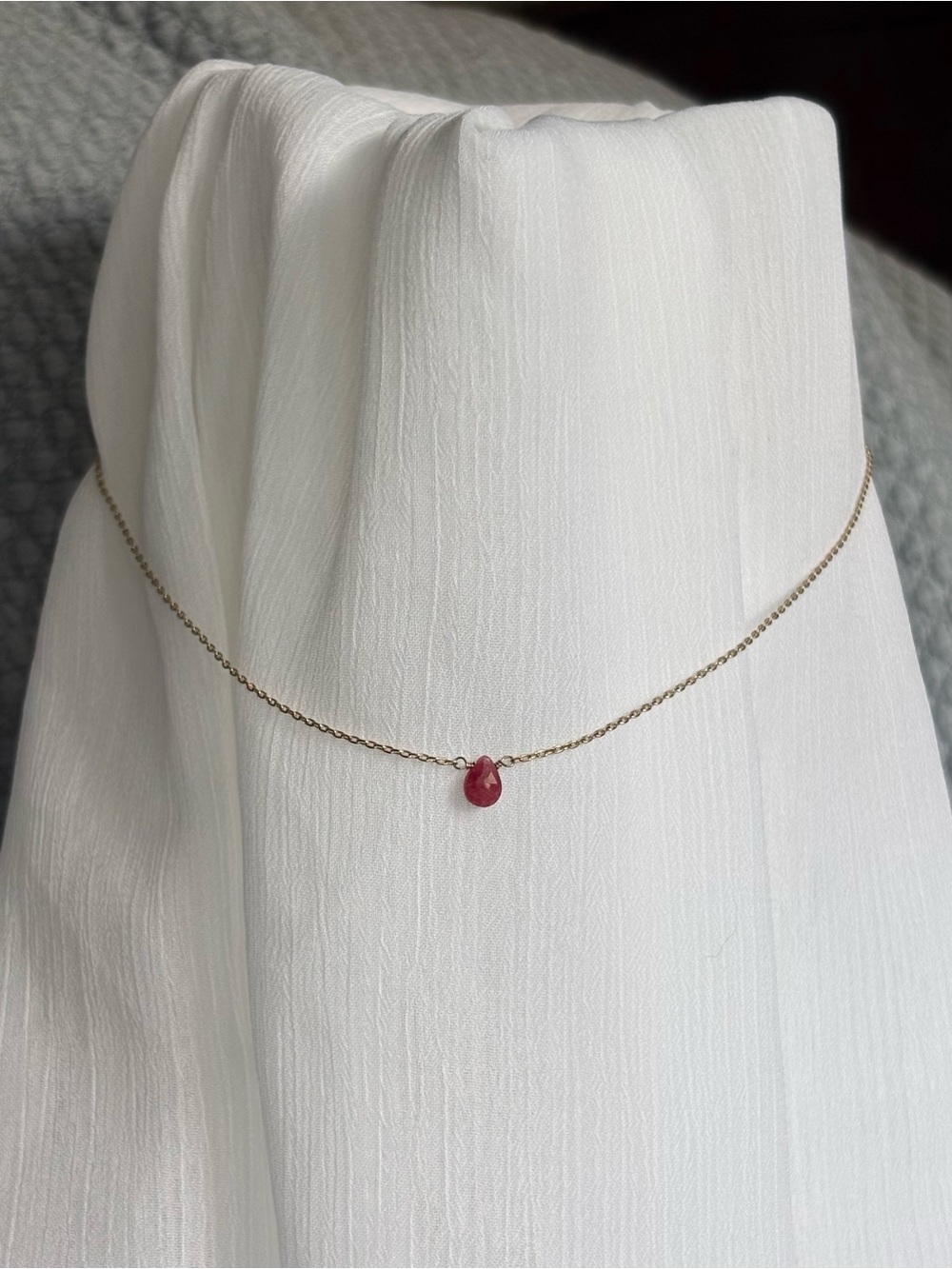 Delicate Gold Chain Necklace with Red Teardrop Gem
